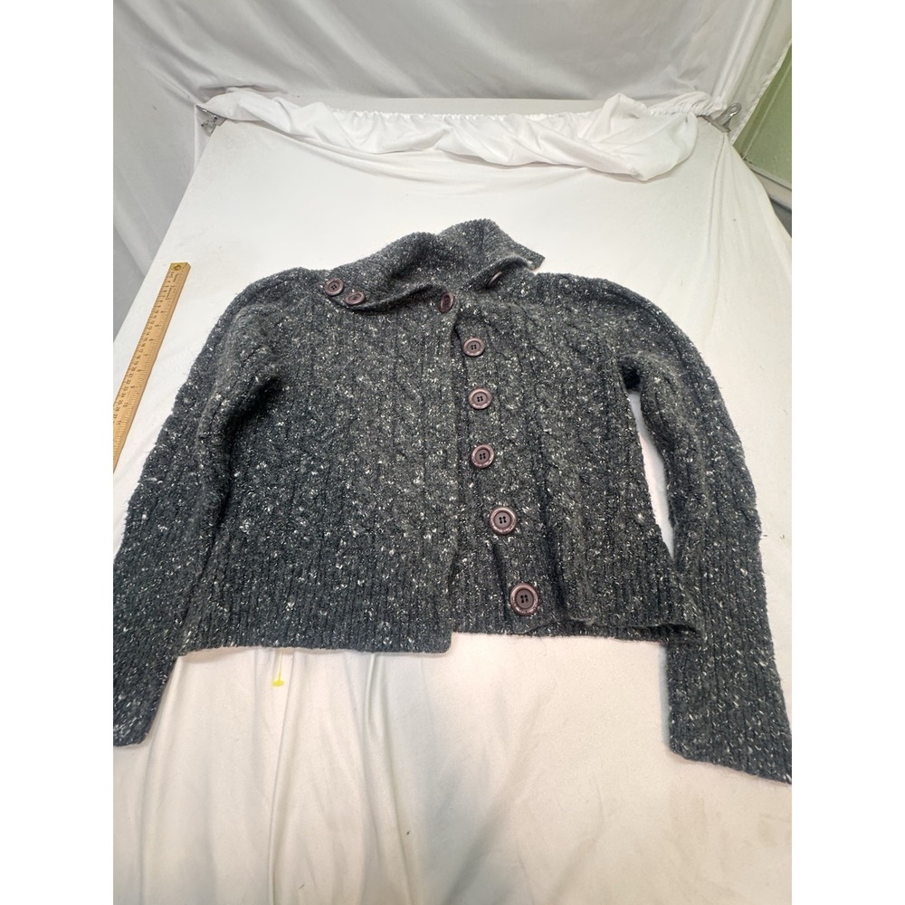 One‎ Girl Who Gray Cable Knit Wool Mohair Blend Button Up Cardigan Sweater